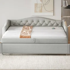 Okwish Lit Gigogne 90x200 cm, Tissu Lin Gris, Canapé Classique avec Boutons Décoratifs, Lit d'Appoint Multifonction - Sans Matelas* Lit Gigogne