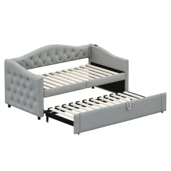 Okwish Lit Gigogne 90x200 cm, Tissu Lin Gris, Canapé Classique avec Boutons Décoratifs, Lit d'Appoint Multifonction - Sans Matelas* Lit Gigogne