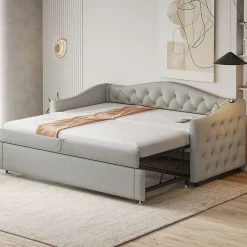 Okwish Lit Gigogne 90x200 cm, Tissu Lin Gris, Canapé Classique avec Boutons Décoratifs, Lit d'Appoint Multifonction - Sans Matelas* Lit Gigogne