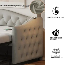 Okwish Lit Gigogne 90x200 cm, Tissu Lin Gris, Canapé Classique avec Boutons Décoratifs, Lit d'Appoint Multifonction - Sans Matelas* Lit Gigogne