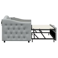 Okwish Lit Gigogne 90x200 cm, Tissu Lin Gris, Canapé Classique avec Boutons Décoratifs, Lit d'Appoint Multifonction - Sans Matelas* Lit Gigogne