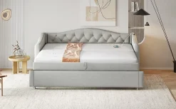 Okwish Lit Gigogne 90x200 cm, Tissu Lin Gris, Canapé Classique avec Boutons Décoratifs, Lit d'Appoint Multifonction - Sans Matelas* Lit Gigogne