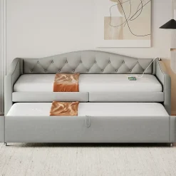 Okwish Lit Gigogne 90x200 cm, Tissu Lin Gris, Canapé Classique avec Boutons Décoratifs, Lit d'Appoint Multifonction - Sans Matelas* Lit Gigogne