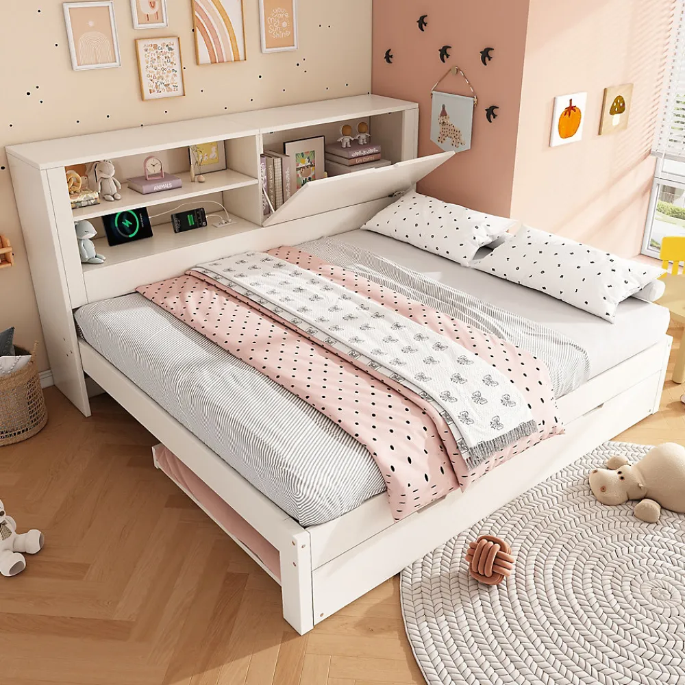 Lit Gigogne 90/140x190 cm, Tête de Lit Rangement et Compartiment Ouvert, USB/USB-C - MDF/Contreplaqué/Panneaux de Particules Blanc>Okwish Best
