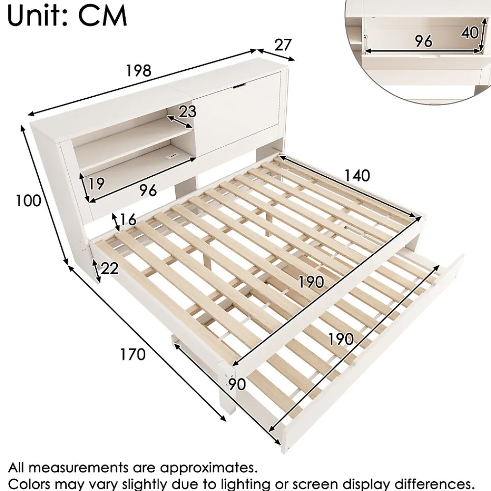 Lit Gigogne 90/140x190 cm, Tête de Lit Rangement et Compartiment Ouvert, USB/USB-C - MDF/Contreplaqué/Panneaux de Particules Blanc>Okwish Best