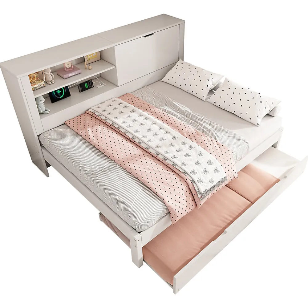 Lit Gigogne 90/140x190 cm, Tête de Lit Rangement et Compartiment Ouvert, USB/USB-C - MDF/Contreplaqué/Panneaux de Particules Blanc>Okwish Best