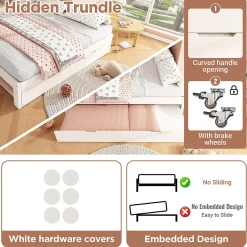 Lit Gigogne 90/140x190 cm, Tête de Lit Rangement et Compartiment Ouvert, USB/USB-C - MDF/Contreplaqué/Panneaux de Particules Blanc><noscript><img width=