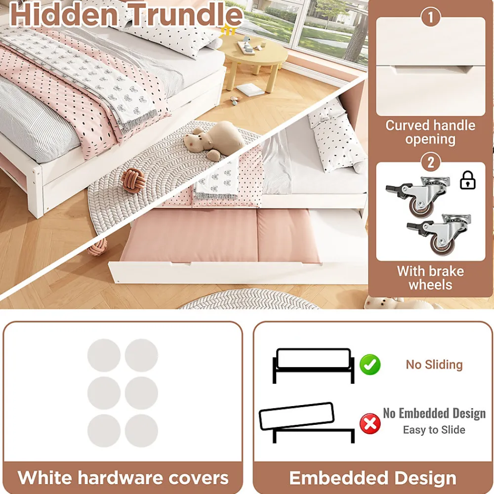 Lit Gigogne 90/140x190 cm, Tête de Lit Rangement et Compartiment Ouvert, USB/USB-C - MDF/Contreplaqué/Panneaux de Particules Blanc>Okwish Best