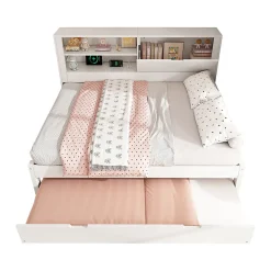 Lit Gigogne 90/140x190 cm, Tête de Lit Rangement et Compartiment Ouvert, USB/USB-C - MDF/Contreplaqué/Panneaux de Particules Blanc><noscript><img width=