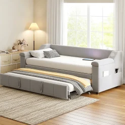 Okwish Lit Gigogne 90/180x190 cm, Velours Gris Clair, avec Port USB, Rangement Intégré, Accoudoirs Larges, Système Audio Bluetooth* Lit Gigogne