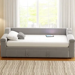 Okwish Lit Gigogne 90/180x190 cm, Velours Gris Clair, avec Port USB, Rangement Intégré, Accoudoirs Larges, Système Audio Bluetooth* Lit Gigogne