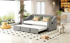 Lit Gigogne 90x190 cm, Velours Gris, Lit Multifonction avec Port USB, Accoudoirs avec Rangement - Sans Matelas>Okwish Best