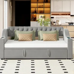 Lit Gigogne 90x190 cm, Velours Gris, Lit Multifonction avec Port USB, Accoudoirs avec Rangement - Sans Matelas>Okwish Best