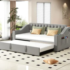 Lit Gigogne 90x190 cm, Velours Gris, Lit Multifonction avec Port USB, Accoudoirs avec Rangement - Sans Matelas><noscript><img width=
