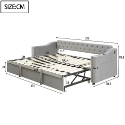 Lit Gigogne 90x190 cm, Velours Gris, Lit Multifonction avec Port USB, Accoudoirs avec Rangement - Sans Matelas><noscript><img width=