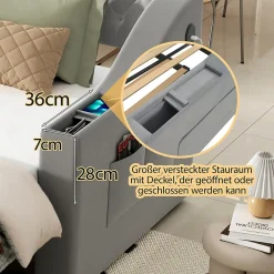 Lit Gigogne 90x190 cm, Velours Gris, Lit Multifonction avec Port USB, Accoudoirs avec Rangement - Sans Matelas><noscript><img width=