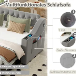 Lit Gigogne 90x190 cm, Velours Gris, Lit Multifonction avec Port USB, Accoudoirs avec Rangement - Sans Matelas><noscript><img width=