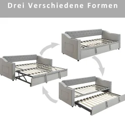 Lit Gigogne 90x190 cm, Velours Gris, Lit Multifonction avec Port USB, Accoudoirs avec Rangement - Sans Matelas><noscript><img width=