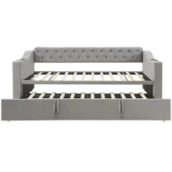 Lit Gigogne 90x190 cm, Velours Gris, Lit Multifonction avec Port USB, Accoudoirs avec Rangement - Sans Matelas><noscript><img width=