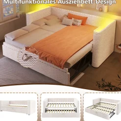 Okwish Lit Gigogne 90x200 cm/180x200 cm - Lit Simple et Double avec Éclairage LED Multifonction - en Velours - sans Matelas - Beige* Lit Gigogne