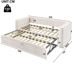 Okwish Lit Gigogne 90x200 cm/180x200 cm - Lit Simple et Double avec Éclairage LED Multifonction - en Velours - sans Matelas - Beige* Lit Gigogne