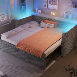 Okwish Lit Gigogne 90x200 cm/180x200 cm - Lit Simple et Double avec Éclairage LED Multifonction - en Velours - sans Matelas - Gris* Lit Gigogne