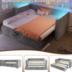 Okwish Lit Gigogne 90x200 cm/180x200 cm - Lit Simple et Double avec Éclairage LED Multifonction - en Velours - sans Matelas - Gris* Lit Gigogne