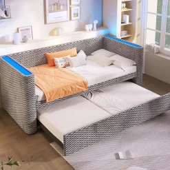 Okwish Lit Gigogne 90x200 cm/180x200 cm - Lit Simple et Double avec Éclairage LED Multifonction - en Velours - sans Matelas - Gris* Lit Gigogne
