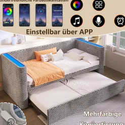 Okwish Lit Gigogne 90x200 cm/180x200 cm - Lit Simple et Double avec Éclairage LED Multifonction - en Velours - sans Matelas - Gris* Lit Gigogne