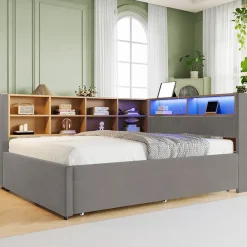 Lit Gigogne 140x200 cm/90x190 cm, Lit Double et Port USB, Rangements Intégrés et Éclairage LED - Tissu Gris Foncé - Sans Matelas>Okwish Clearance