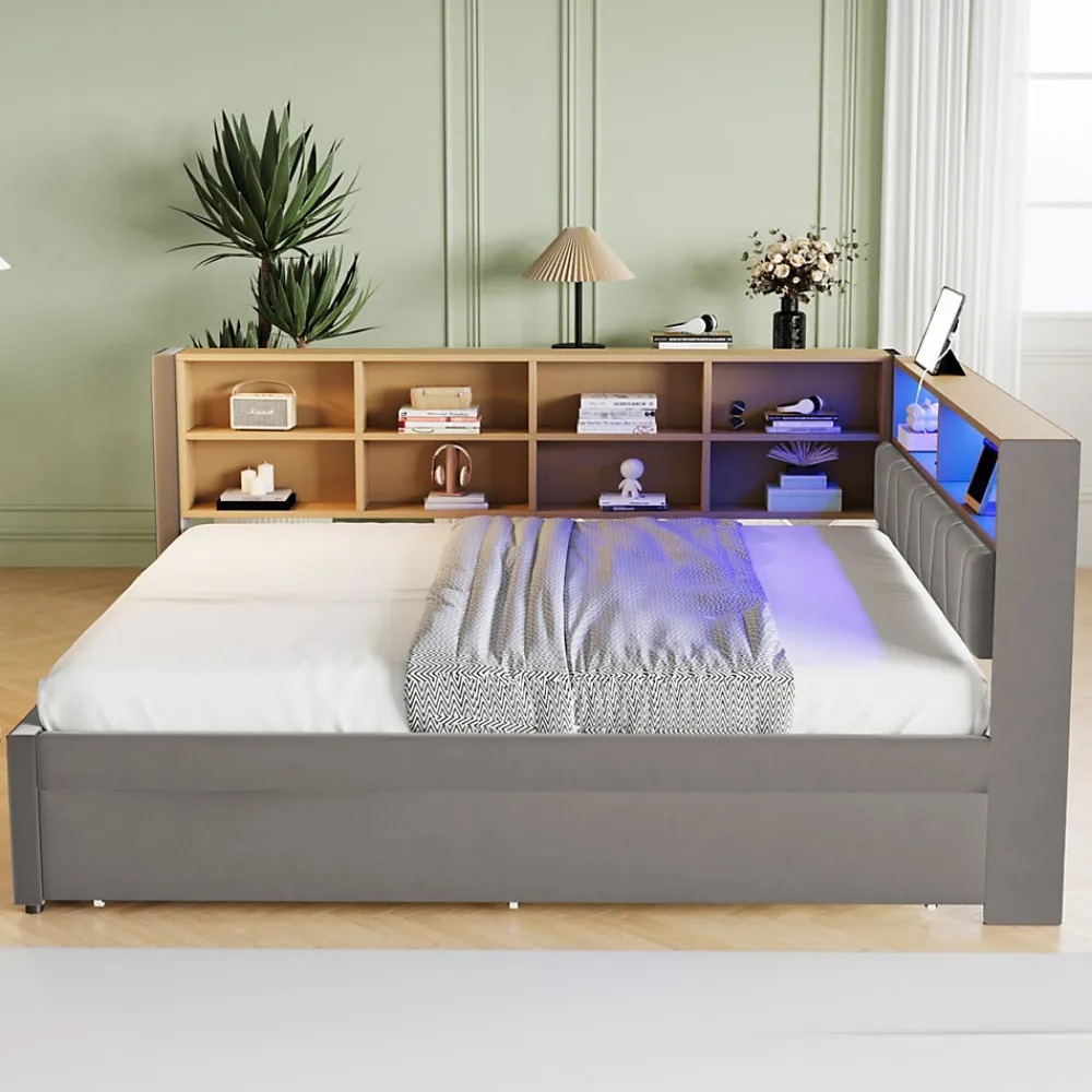 Lit Gigogne 140x200 cm/90x190 cm, Lit Double et Port USB, Rangements Intégrés et Éclairage LED - Tissu Gris Foncé - Sans Matelas>Okwish Clearance