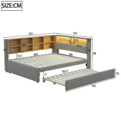 Lit Gigogne 140x200 cm/90x190 cm, Lit Double et Port USB, Rangements Intégrés et Éclairage LED - Tissu Gris Foncé - Sans Matelas><noscript><img width=