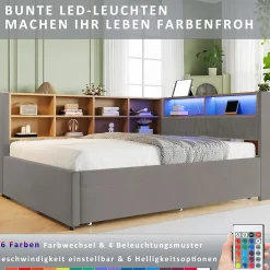 Lit Gigogne 140x200 cm/90x190 cm, Lit Double et Port USB, Rangements Intégrés et Éclairage LED - Tissu Gris Foncé - Sans Matelas><noscript><img width=