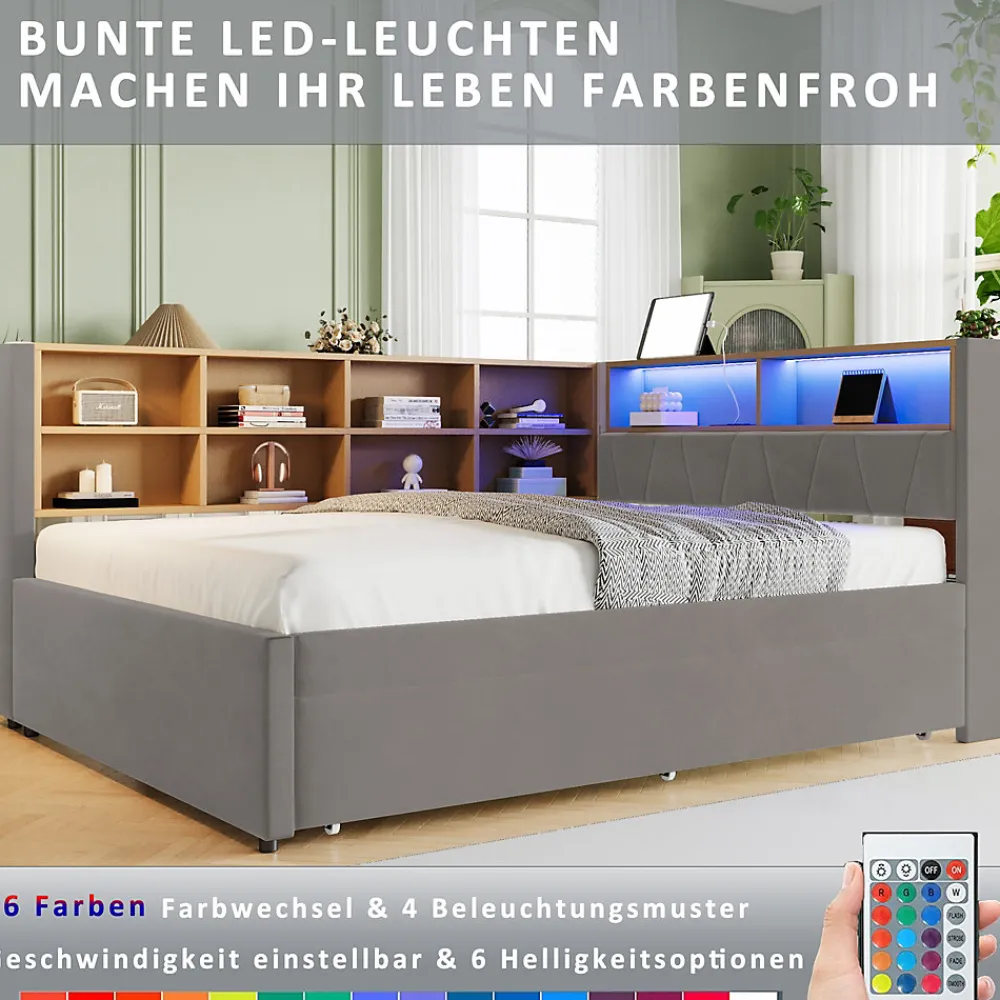 Lit Gigogne 140x200 cm/90x190 cm, Lit Double et Port USB, Rangements Intégrés et Éclairage LED - Tissu Gris Foncé - Sans Matelas>Okwish Clearance