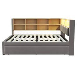 Lit Gigogne 140x200 cm/90x190 cm, Lit Double et Port USB, Rangements Intégrés et Éclairage LED - Tissu Gris Foncé - Sans Matelas><noscript><img width=