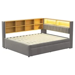 Lit Gigogne 140x200 cm/90x190 cm, Lit Double et Port USB, Rangements Intégrés et Éclairage LED - Tissu Gris Foncé - Sans Matelas><noscript><img width=