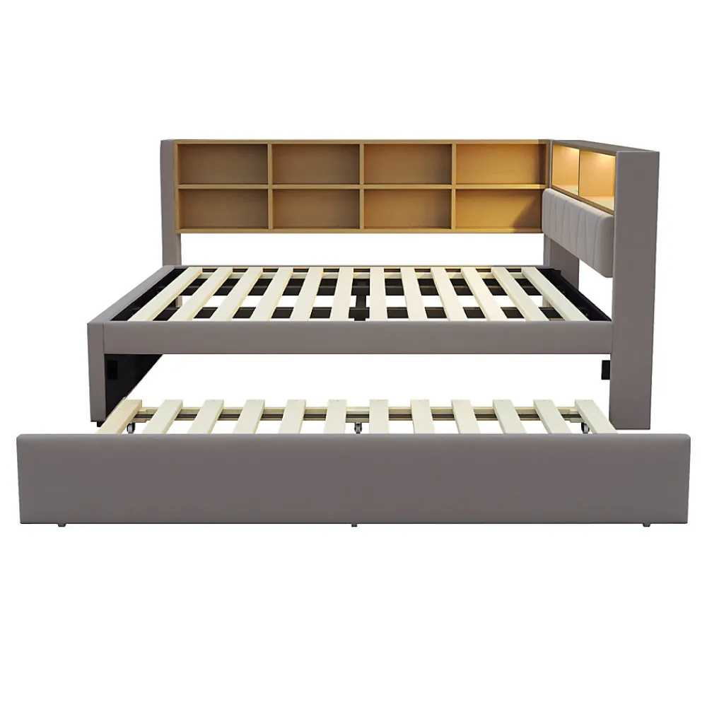 Lit Gigogne 140x200 cm/90x190 cm, Lit Double et Port USB, Rangements Intégrés et Éclairage LED - Tissu Gris Foncé - Sans Matelas>Okwish Clearance