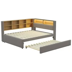 Lit Gigogne 140x200 cm/90x190 cm, Lit Double et Port USB, Rangements Intégrés et Éclairage LED - Tissu Gris Foncé - Sans Matelas><noscript><img width=