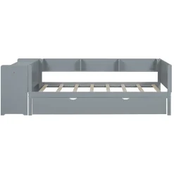 ProximaX Lit gigogne 90x200cm+90x180cm, avec petit bureau, trois étagères sur le côté du lit, gris* Sommier