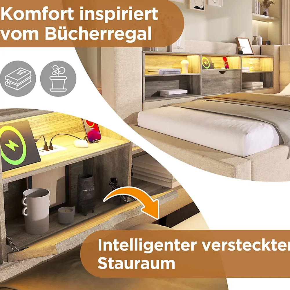 Okwish Lit Gigogne 90x200/90x190 cm - Lit Rembourré avec LED et Tête de Lit L-Forme Rangement, en Lin - sans Matelas Beige* Lit Gigogne