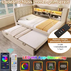 Okwish Lit Gigogne 90x200/90x190 cm - Lit Rembourré avec LED et Tête de Lit L-Forme Rangement, en Lin - sans Matelas Beige* Lit Gigogne