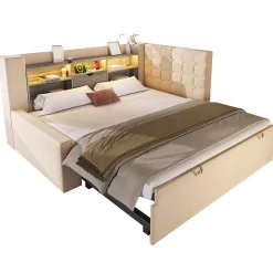 Okwish Lit Gigogne 90x200/90x190 cm - Lit Rembourré avec LED et Tête de Lit L-Forme Rangement, en Lin - sans Matelas Beige* Lit Gigogne