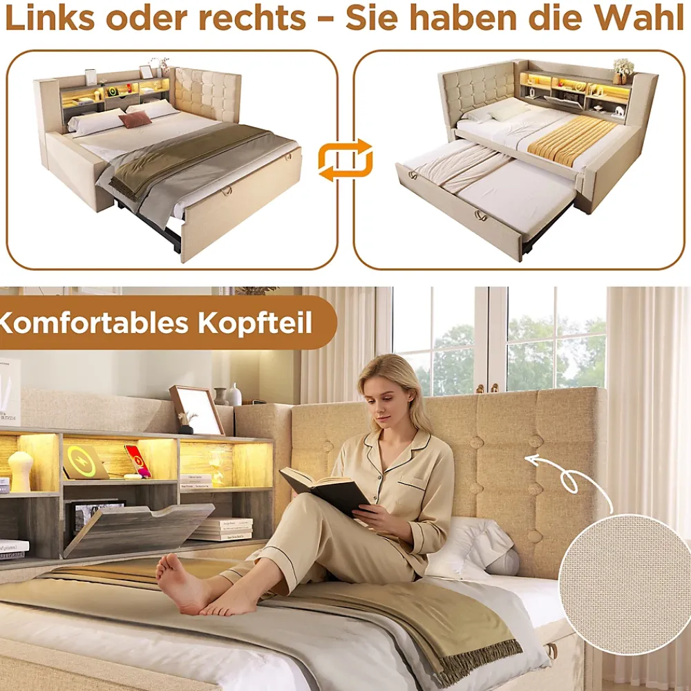 Okwish Lit Gigogne 90x200/90x190 cm - Lit Rembourré avec LED et Tête de Lit L-Forme Rangement, en Lin - sans Matelas Beige* Lit Gigogne