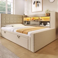 Okwish Lit Gigogne 90x200/90x190 cm - Lit Rembourré avec LED et Tête de Lit L-Forme Rangement, en Lin - sans Matelas Beige* Lit Gigogne