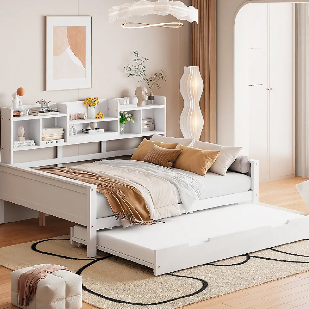 Lit Gigogne 90x190/140x200 cm avec Lit Tiroir et Tiroirs de Rangement, Bois Blanc, Sommier À Lattes pour Chambre enfant, Blanc>Okwish Best