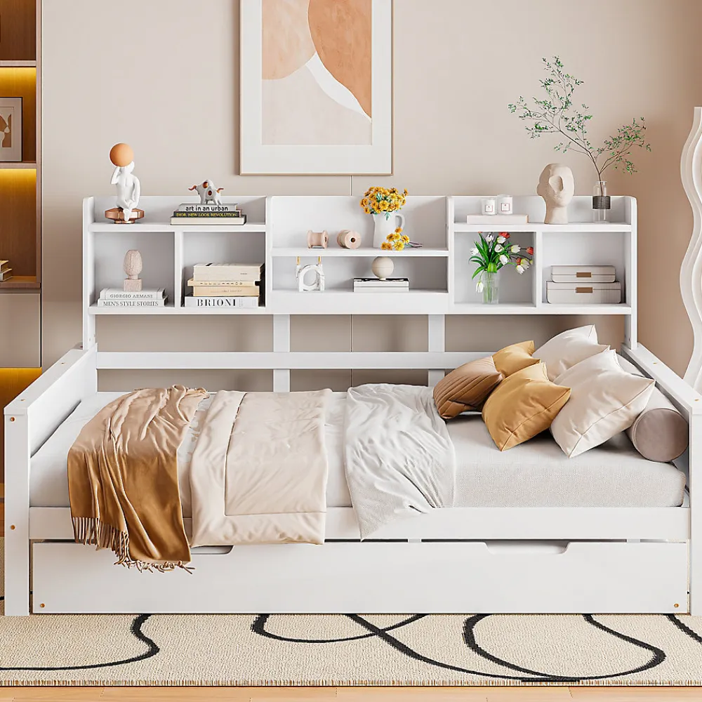 Lit Gigogne 90x190/140x200 cm avec Lit Tiroir et Tiroirs de Rangement, Bois Blanc, Sommier À Lattes pour Chambre enfant, Blanc>Okwish Best