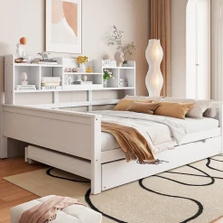 Lit Gigogne 90x190/140x200 cm avec Lit Tiroir et Tiroirs de Rangement, Bois Blanc, Sommier À Lattes pour Chambre enfant, Blanc><noscript><img width=