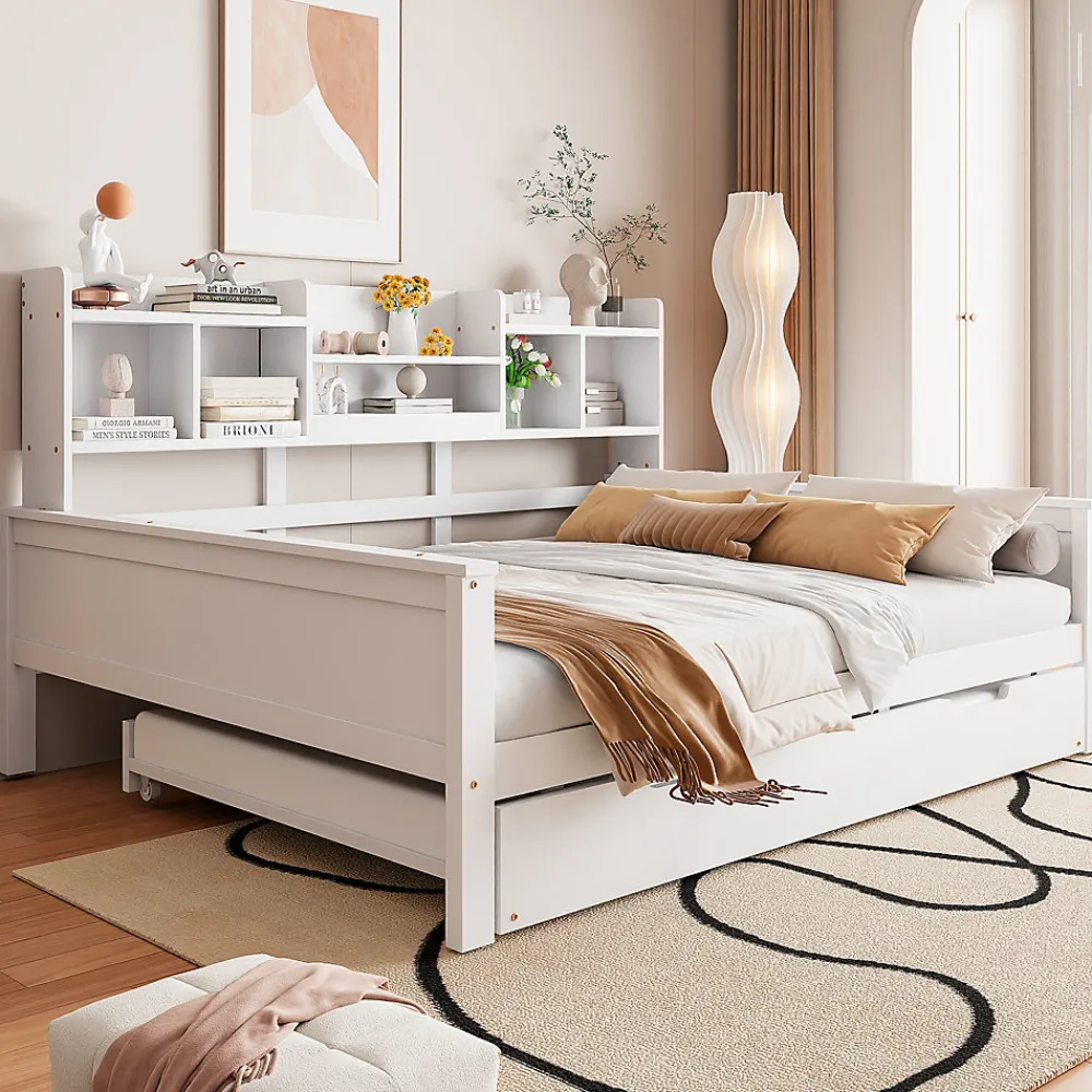 Lit Gigogne 90x190/140x200 cm avec Lit Tiroir et Tiroirs de Rangement, Bois Blanc, Sommier À Lattes pour Chambre enfant, Blanc>Okwish Best