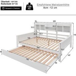 Lit Gigogne 90x190/140x200 cm avec Lit Tiroir et Tiroirs de Rangement, Bois Blanc, Sommier À Lattes pour Chambre enfant, Blanc><noscript><img width=