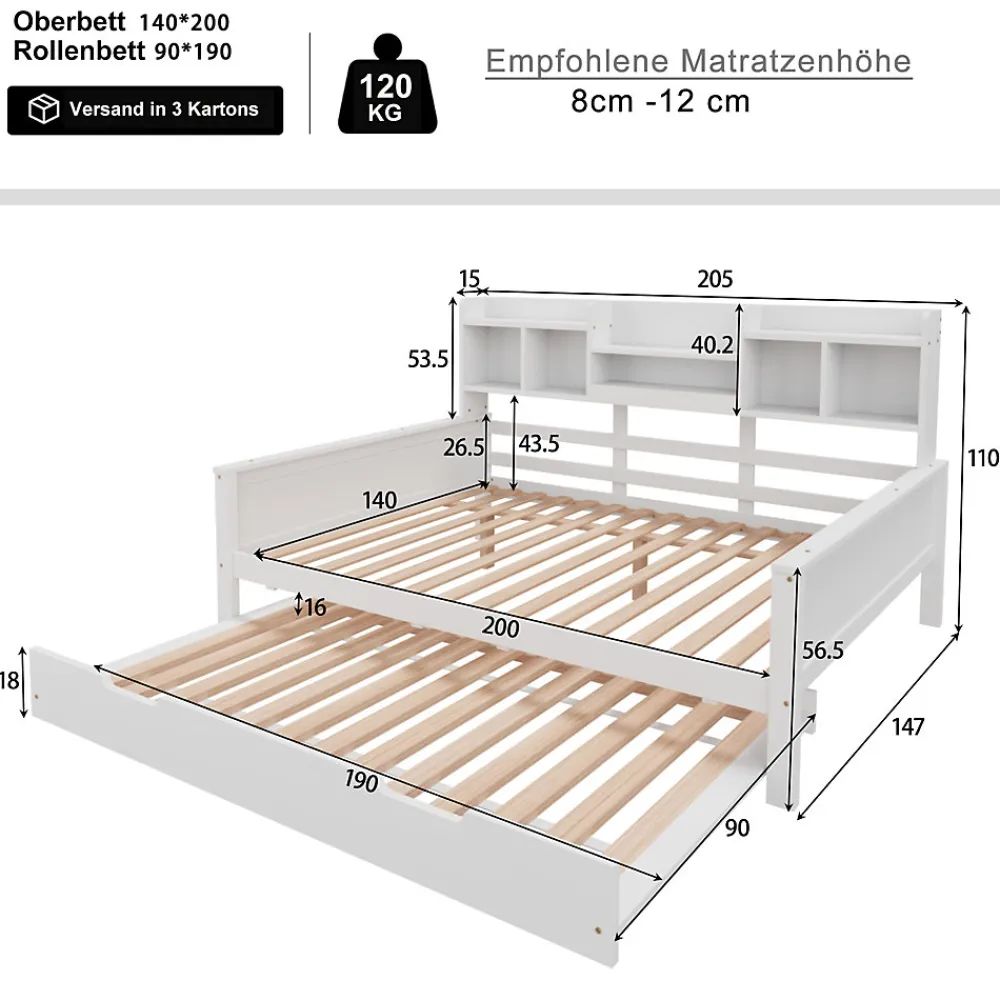 Lit Gigogne 90x190/140x200 cm avec Lit Tiroir et Tiroirs de Rangement, Bois Blanc, Sommier À Lattes pour Chambre enfant, Blanc>Okwish Best